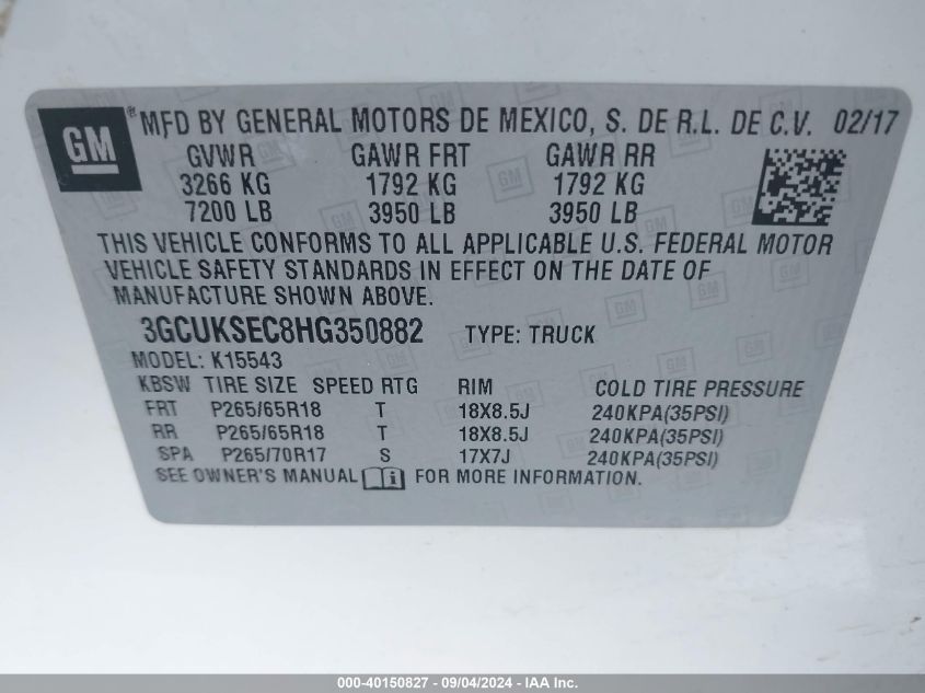 3GCUKSEC8HG350882 2017 Chevrolet Silverado 1500 2Lz