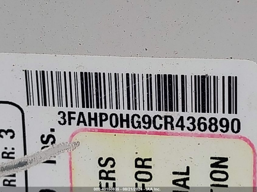 2012 FORD FUSION VIN: 3FAHP0HG9CR436890