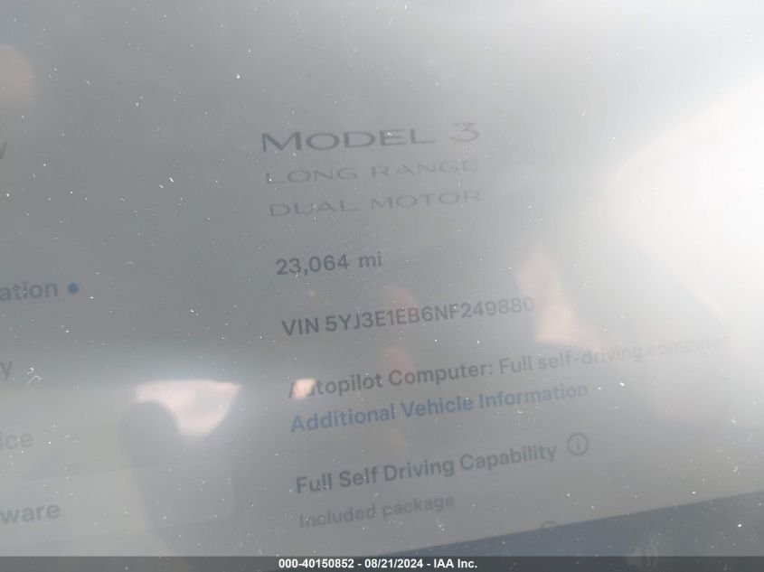 2022 Tesla Model 3 Long Range Dual Motor All-Wheel Drive VIN: 5YJ3E1EB6NF249880 Lot: 40150852