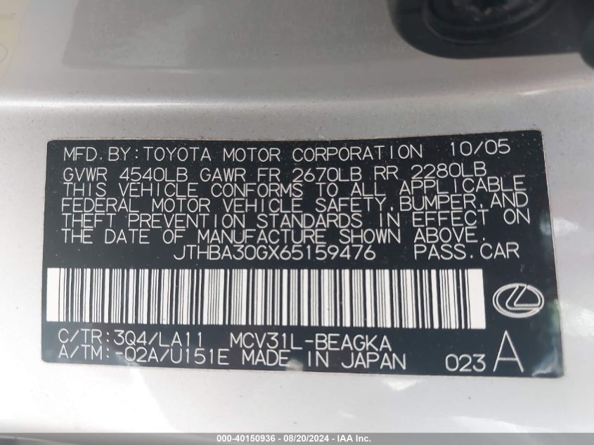 JTHBA30GX65159476 2006 Lexus Es 330