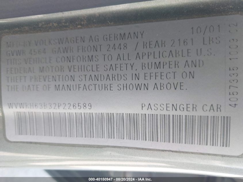 2002 Volkswagen Passat Glx VIN: WVWRH63B32P226589 Lot: 40150947