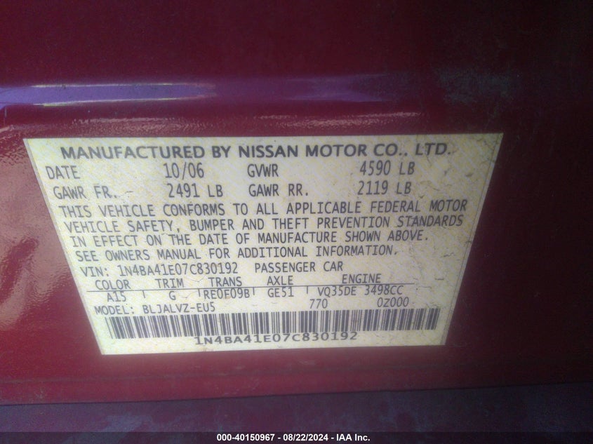 2007 NISSAN MAXIMA VIN: 1N4BA41E07C830192