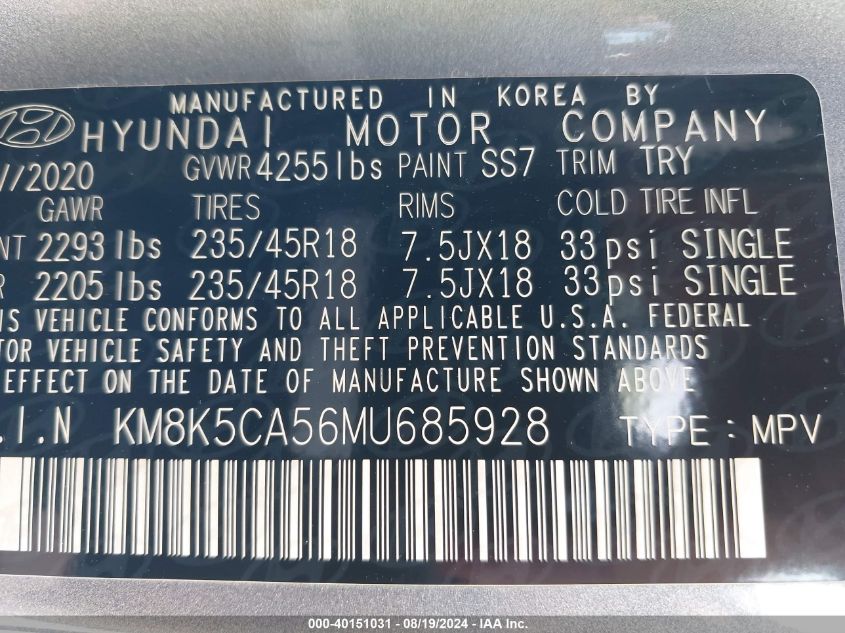 2021 Hyundai Kona Ultimate VIN: KM8K5CA56MU685928 Lot: 40151031