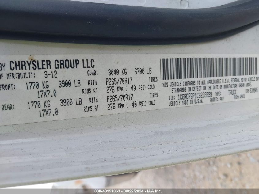 2012 Ram 1500 Slt VIN: 1C6RD7GP1CS233599 Lot: 40151063