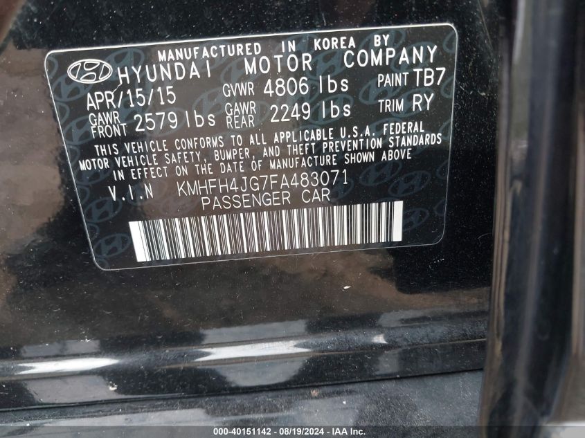 2015 Hyundai Azera Limited VIN: KMHFH4JG7FA483071 Lot: 40151142