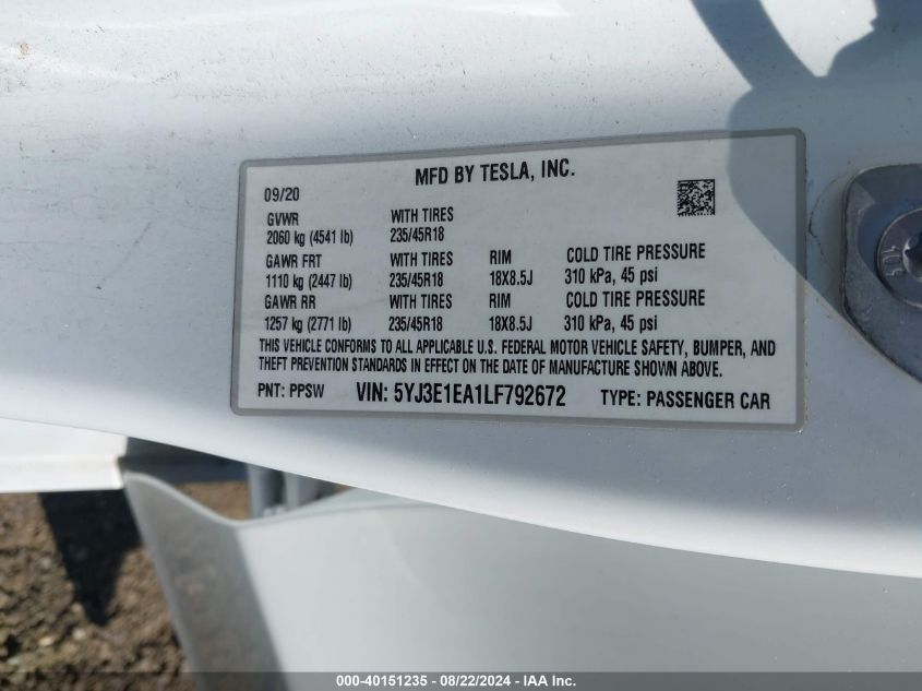 2020 Tesla Model 3 Standard Range Plus Rear-Wheel Drive/Standard Range Rear-Wheel Drive VIN: 5YJ3E1EA1LF792672 Lot: 40151235