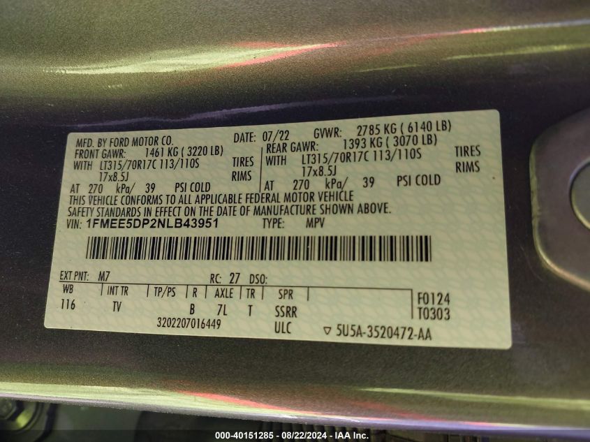 2022 Ford Bronco Wildtrak VIN: 1FMEE5DP2NLB43951 Lot: 40151285