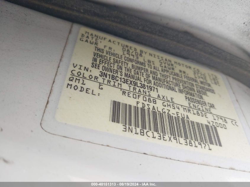 2009 Nissan Versa 1.8Sl VIN: 3N1BC13EX9L381971 Lot: 40151313