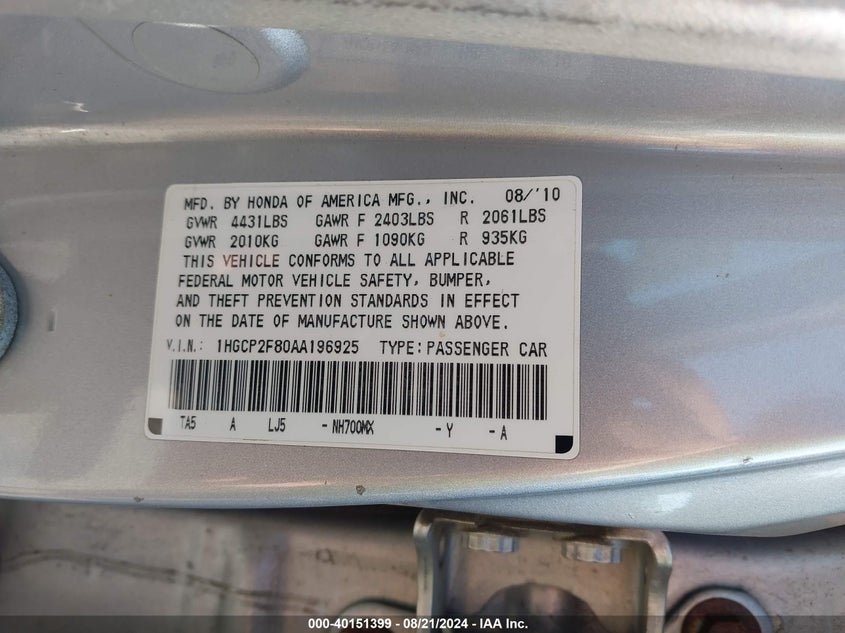 2010 Honda Accord Sdn 2.4 Ex-L/Ex-L VIN: 1HGCP2F80AA196925 Lot: 40151399
