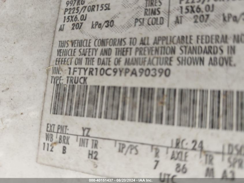 2000 Ford Ranger Xl/Xlt VIN: 1FTYR10C9YPA90390 Lot: 40151437