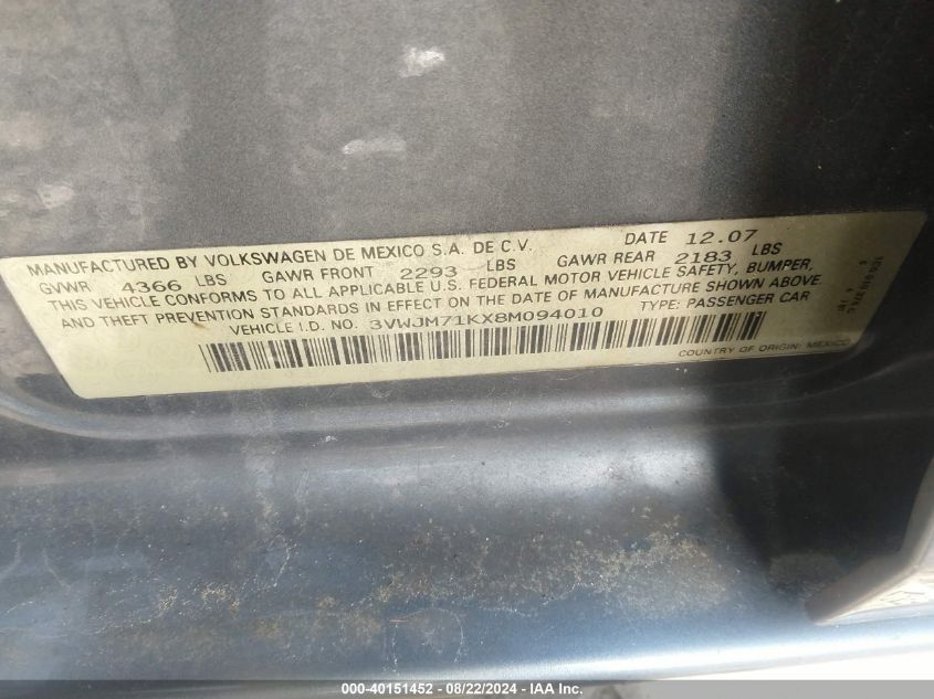 2008 Volkswagen Jetta S VIN: 3VWJM71KX8M094010 Lot: 40151452