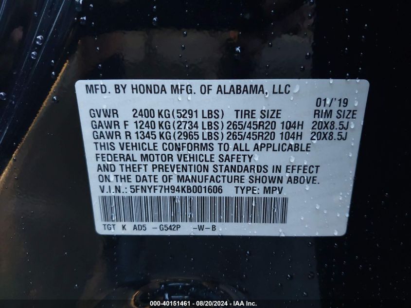 2019 Honda Passport Touring VIN: 5FNYF7H94KB001606 Lot: 40151461