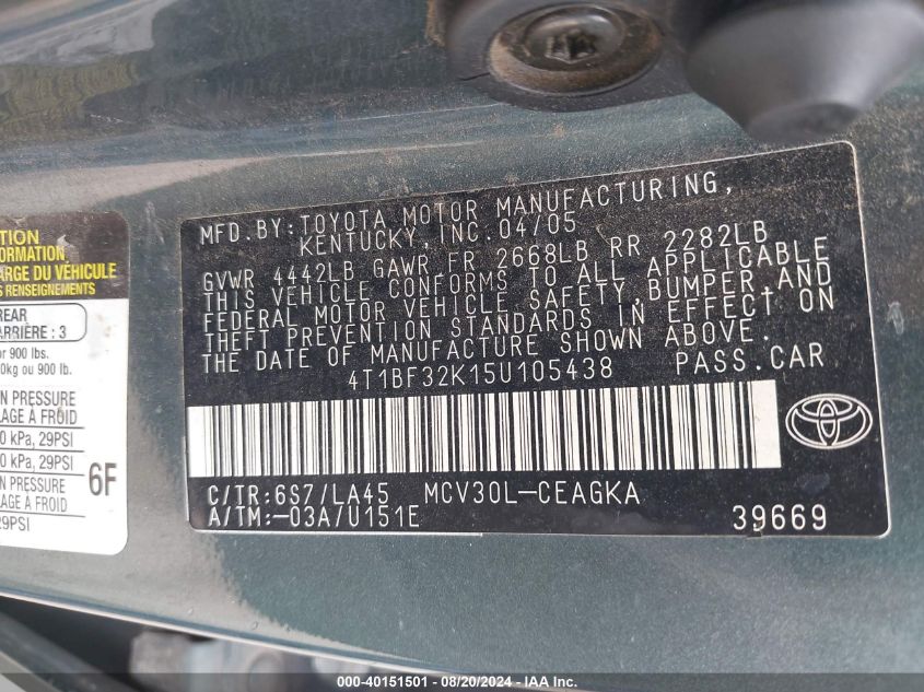 4T1BF32K15U105438 2005 Toyota Camry Xle V6