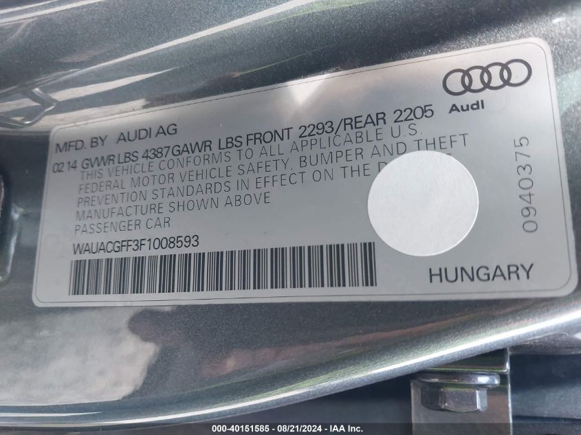 2015 Audi A3 Premium VIN: WAUACGFF3F1008593 Lot: 40151585