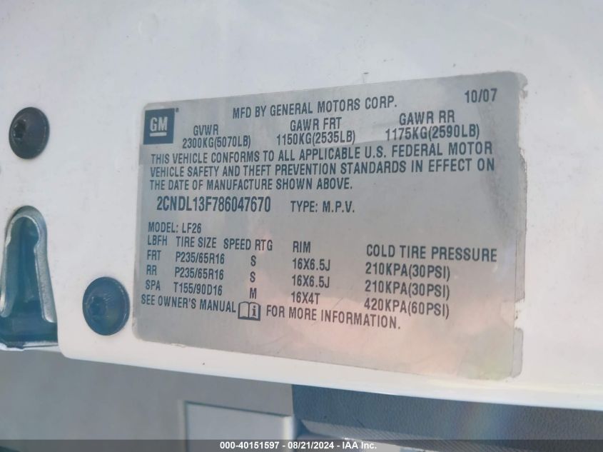 2008 Chevrolet Equinox Ls VIN: 2CNDL13F786047670 Lot: 40151597