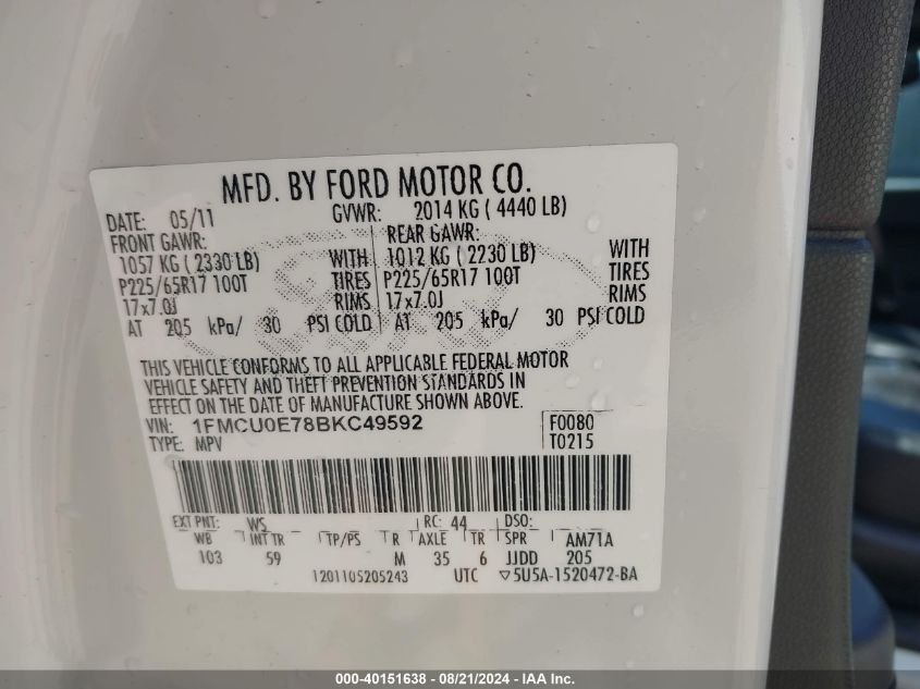 2011 Ford Escape Limited VIN: 1FMCU0E78BKC49592 Lot: 40151638