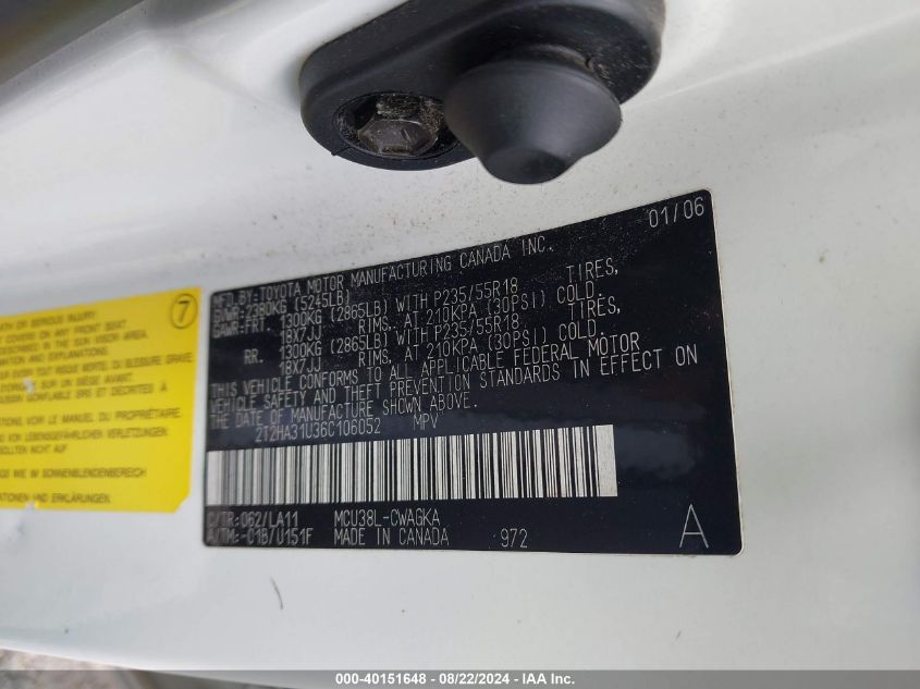 2006 Lexus Rx 330 VIN: 2T2HA31U36C106052 Lot: 40151648