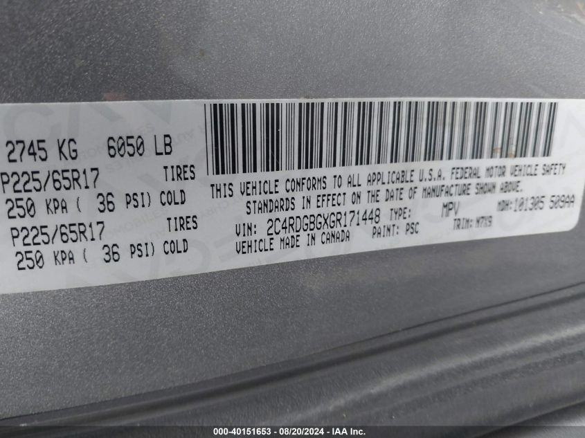 2016 Dodge Grand Caravan Se Plus VIN: 2C4RDGBGXGR171448 Lot: 40151653