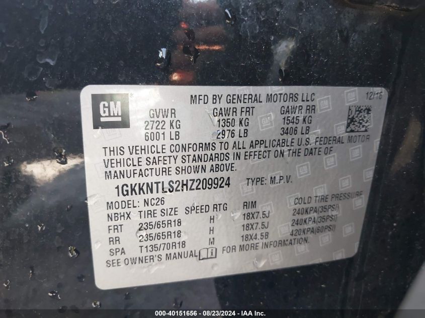 1GKKNTLS2HZ209924 2017 GMC Acadia Sle-2