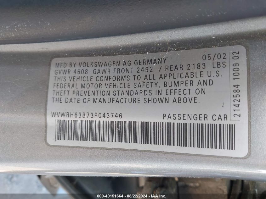 2003 Volkswagen Passat Glx VIN: WVWRH63B73P043746 Lot: 40151664