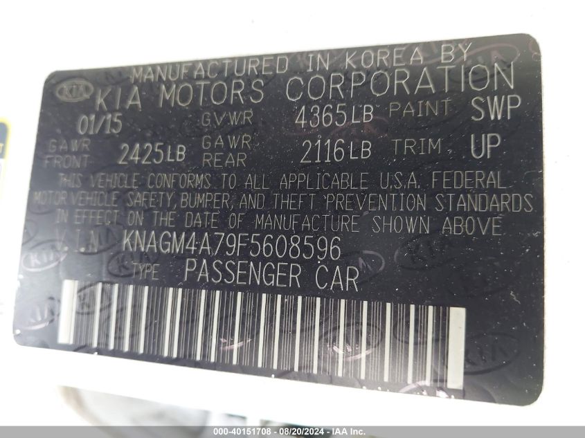 2015 Kia Optima Lx VIN: KNAGM4A79F5608596 Lot: 40151708