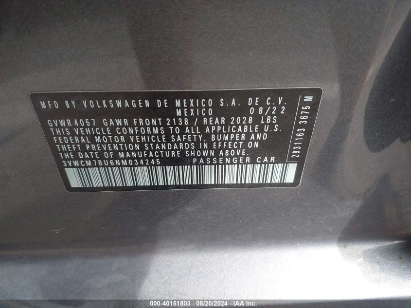 3VWCM7BU6NM034245 2022 Volkswagen Jetta S