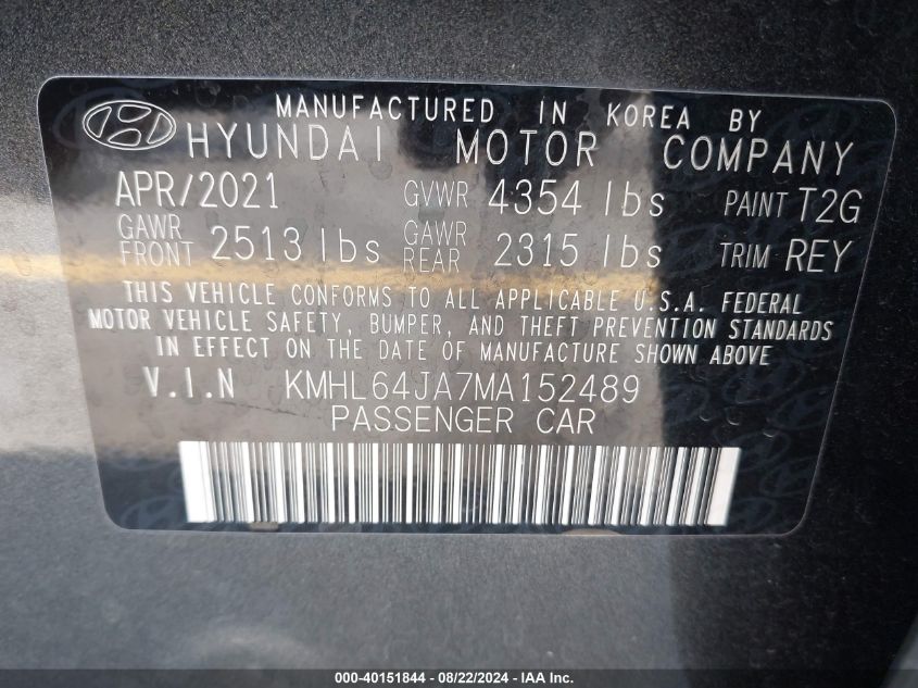 2021 Hyundai Sonata Sel VIN: KMHL64JA7MA152489 Lot: 40151844