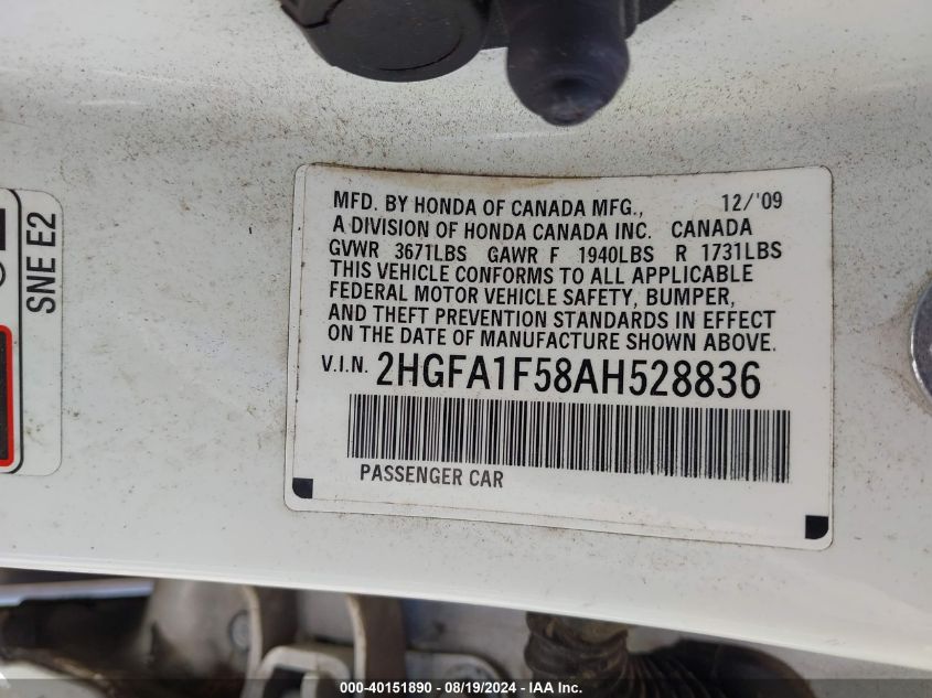 2010 Honda Civic Lx VIN: 2HGFA1F58AH528836 Lot: 40151890