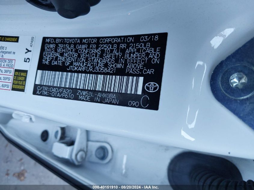 2018 Toyota Prius VIN: JTDKARFU9J3058421 Lot: 40151910