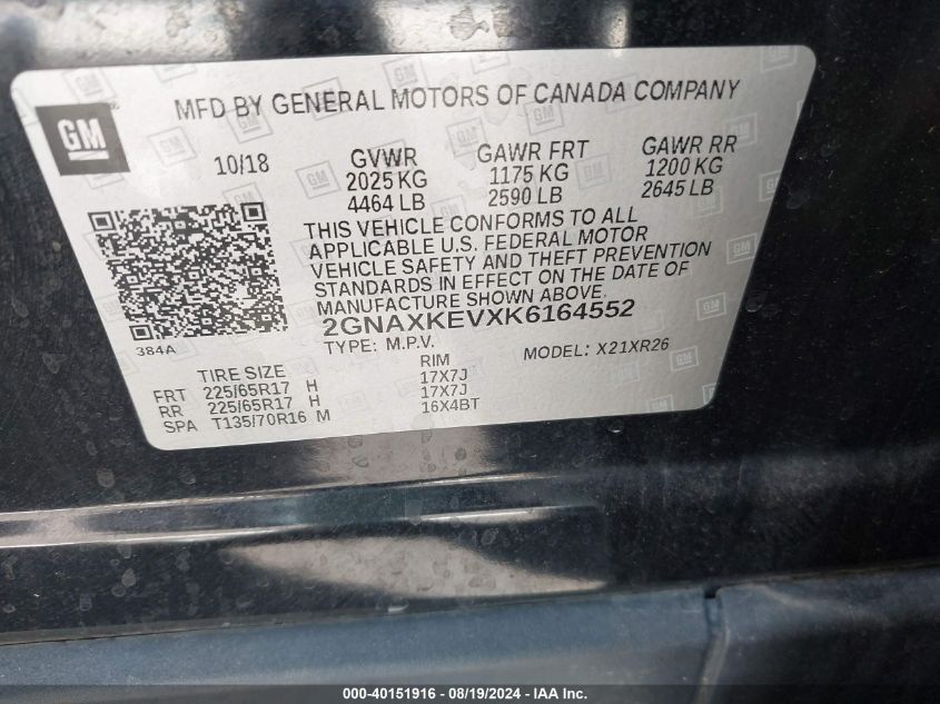 2019 Chevrolet Equinox Lt VIN: 2GNAXKEVXK6164552 Lot: 40151916