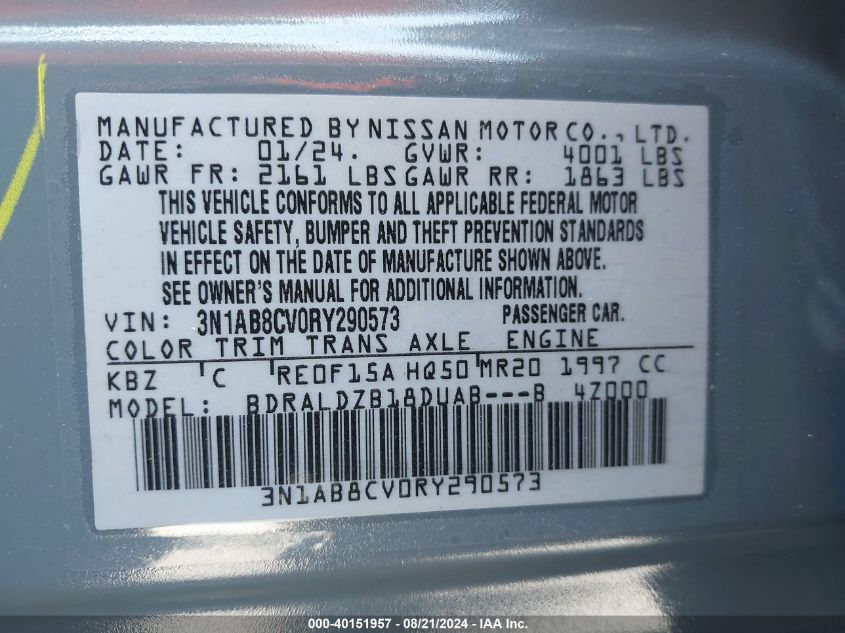 2024 Nissan Sentra Sv Xtronic Cvt VIN: 3N1AB8CV0RY290573 Lot: 40151957