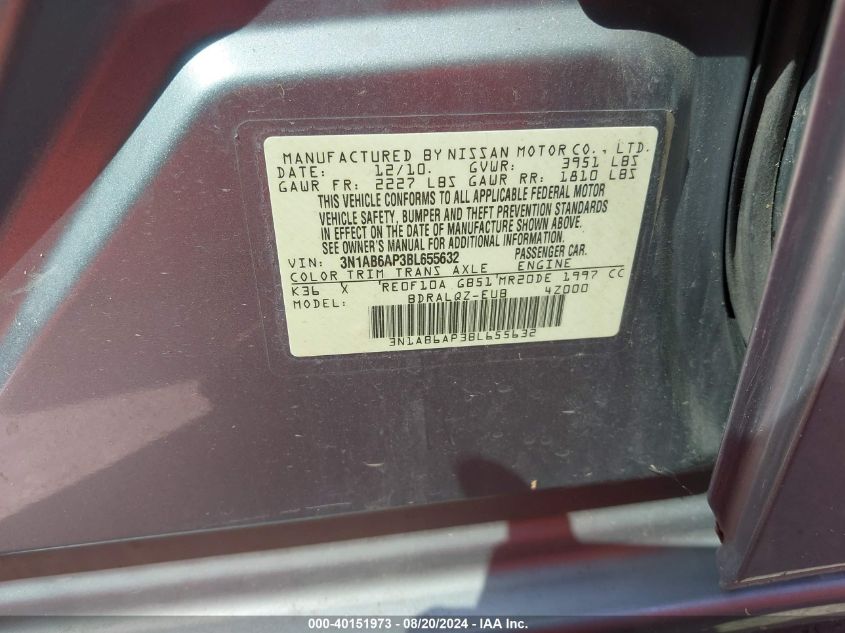 2011 Nissan Sentra 2.0 VIN: 3N1AB6AP3BL655632 Lot: 40151973