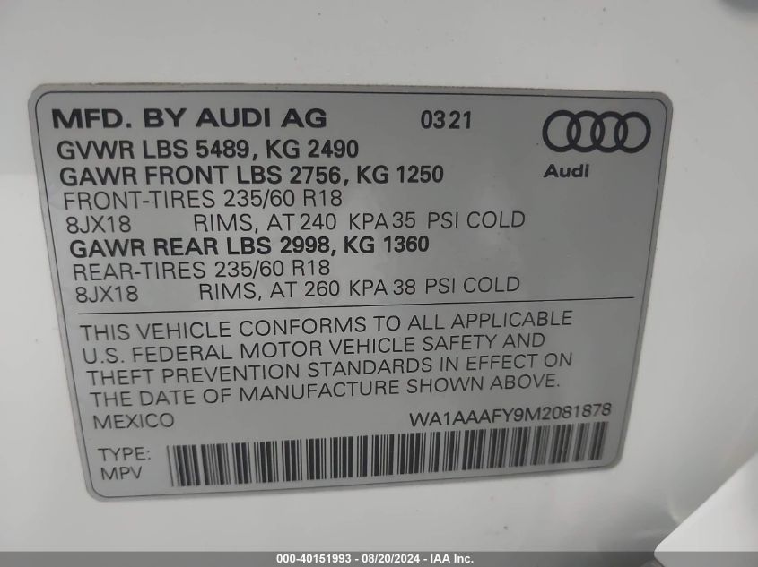 2021 Audi Q5 Premium 45 Tfsi Quattro S Tronic VIN: WA1AAAFY9M2081878 Lot: 40151993