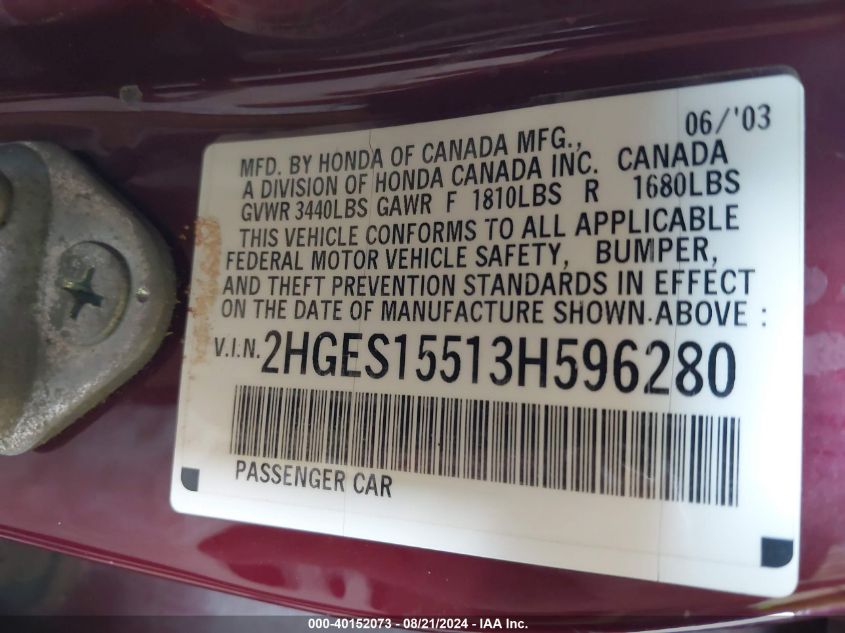 2003 Honda Civic Lx VIN: 2HGES15513H596280 Lot: 40152073