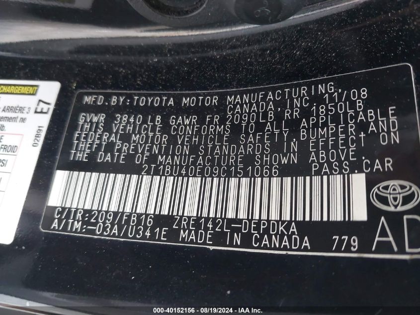 2009 Toyota Corolla Le VIN: 2T1BU40E09C151066 Lot: 40152156