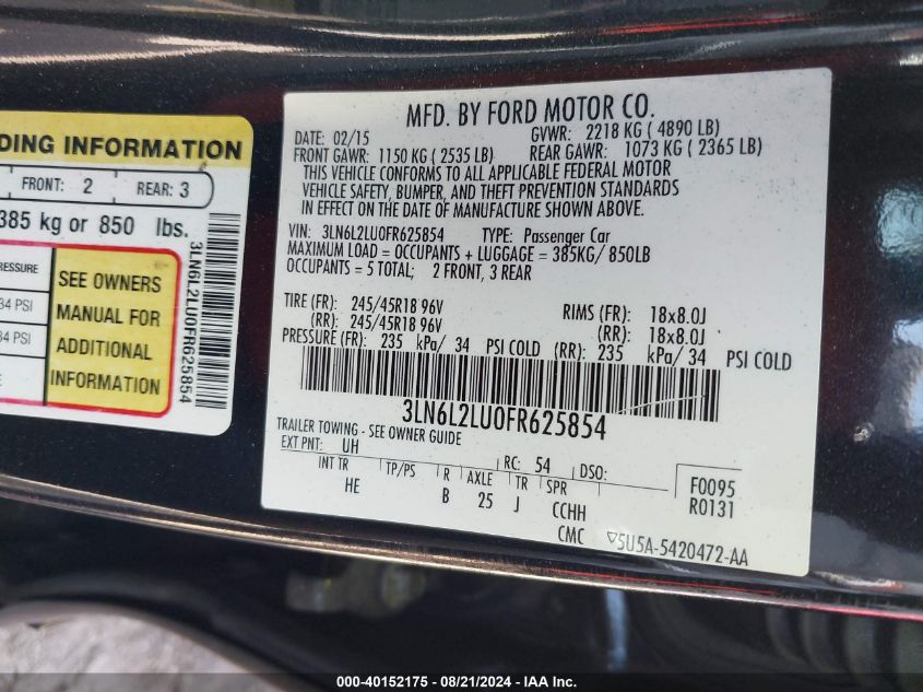 2015 Lincoln Mkz Hybrid VIN: 3LN6L2LU0FR625854 Lot: 40152175