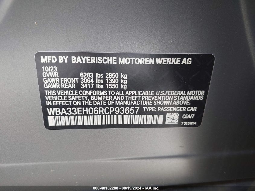 2024 BMW 740 I xDrive VIN: WBA33EH06RCP93657 Lot: 40152288