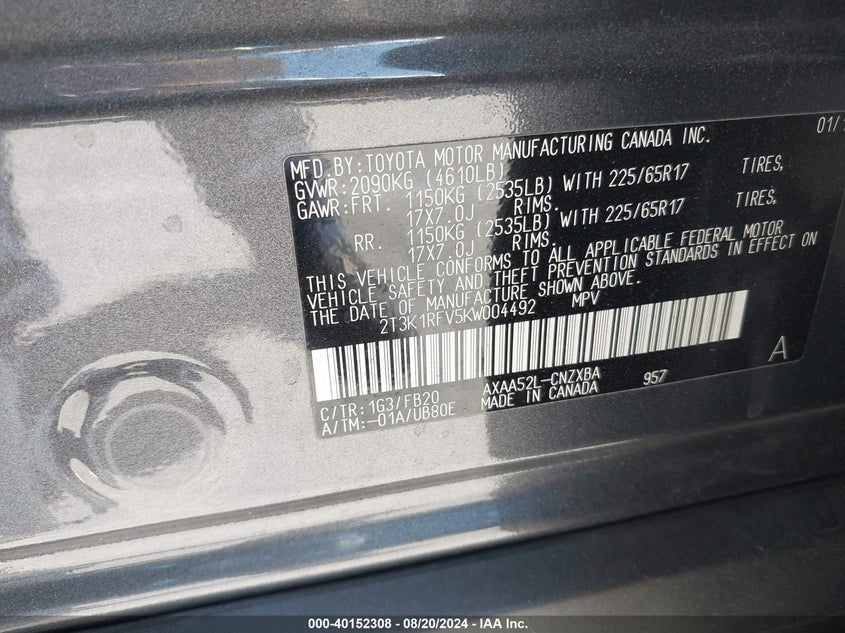 VIN 2T3K1RFV5KW004492 2019 TOYOTA RAV4 LE