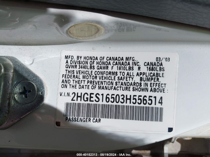 2003 Honda Civic Lx VIN: 2HGES16503H556514 Lot: 40152313