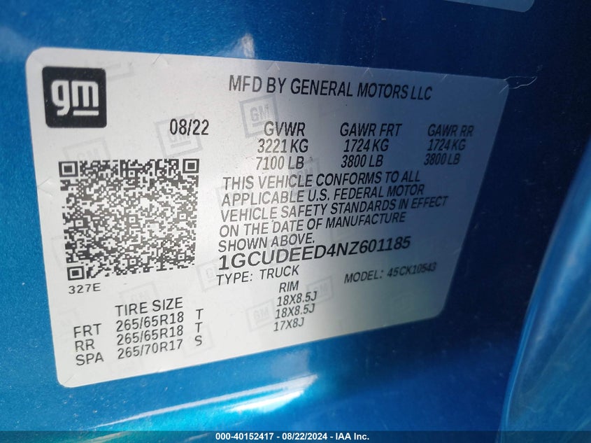 2022 CHEVROLET SILVERADO 1500 4WD  SHORT BED RST - 1GCUDEED4NZ601185