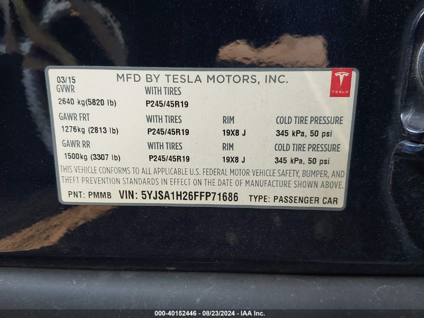 2015 Tesla Model S 70D/85D/P85D VIN: 5YJSA1H26FFP71686 Lot: 40152446