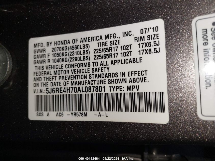 2010 Honda Cr-V Ex-L VIN: 5J6RE4H70AL087801 Lot: 40152464