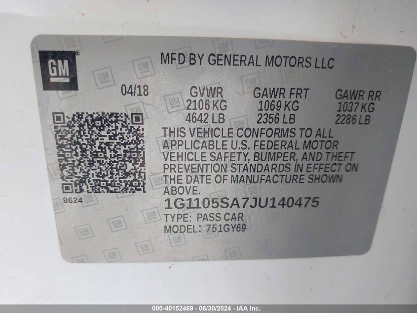 1G1105SA7JU140475 2018 Chevrolet Impala 1Lt