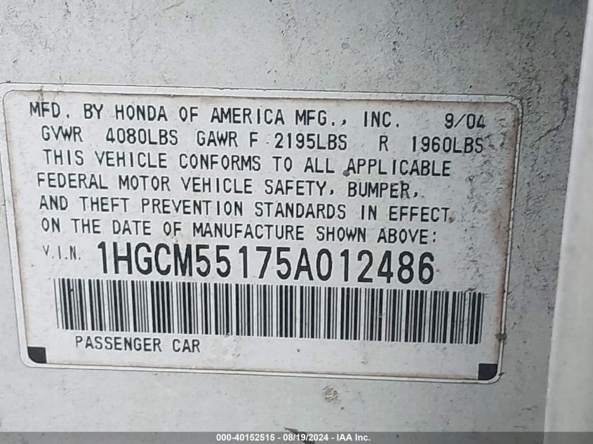 2005 Honda Accord Dx VIN: 1HGCM55175A012486 Lot: 40152515