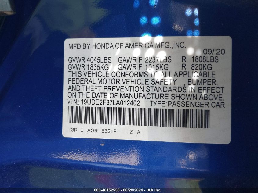 2020 Acura Ilx Premium A-Spec Packages/Technology A-Spec Packages VIN: 19UDE2F87LA012402 Lot: 40152558