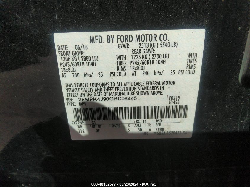 2016 Ford Edge Sel VIN: 2FMPK4J90GBC08445 Lot: 40152577