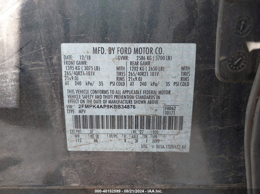 2019 FORD EDGE ST - 2FMPK4AP8KBB34876
