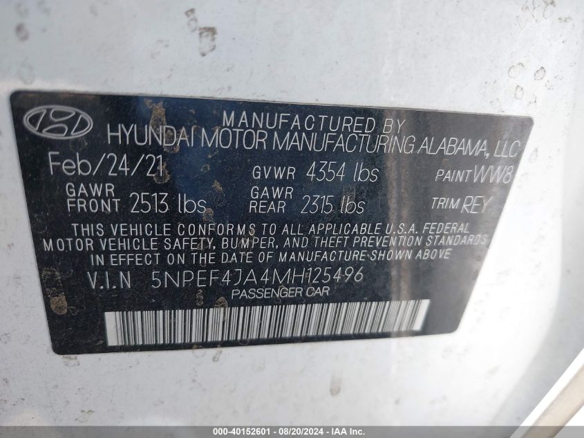 2021 Hyundai Sonata Sel VIN: 5NPEF4JA4MH125496 Lot: 40152601