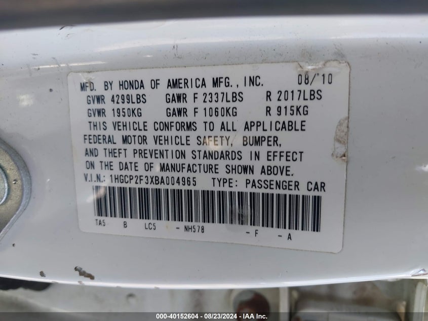 2011 Honda Accord 2.4 Lx VIN: 1HGCP2F3XBA004965 Lot: 40152604