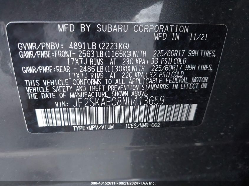 2022 Subaru Forester Premium VIN: JF2SKAEC8NH413659 Lot: 40152611